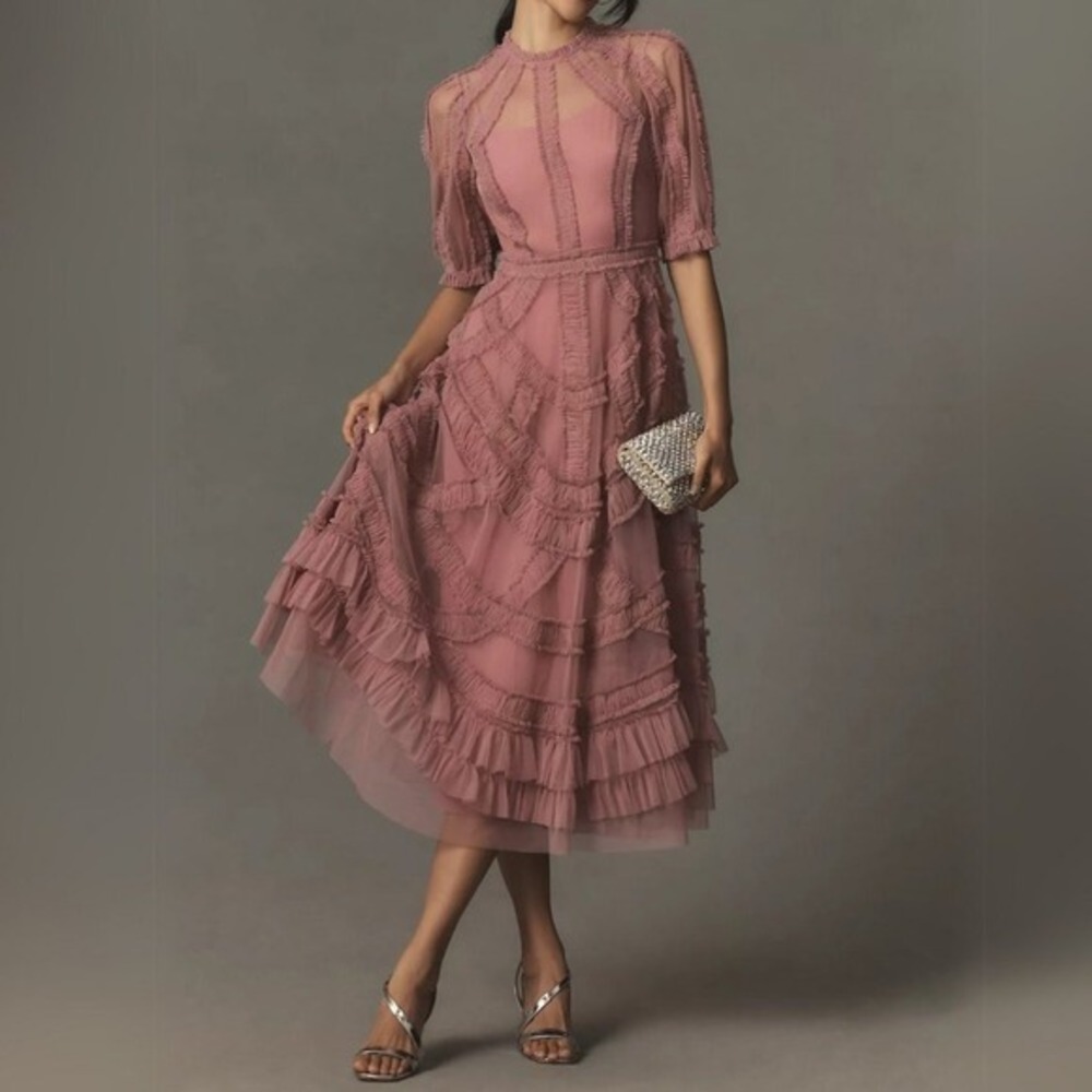 $698 Anthropologie Mac Duggal Size 6 Pink High Neck Ruffle Tiered Midi Dress